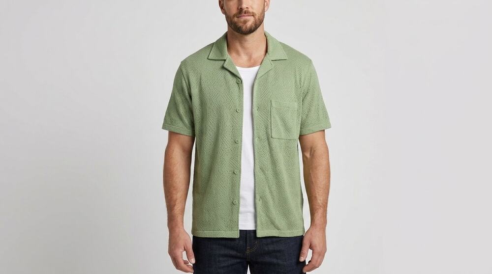 Original Ueer Men's Green Solid Knit Short Sleeve Button-Up Shirt Pocket L